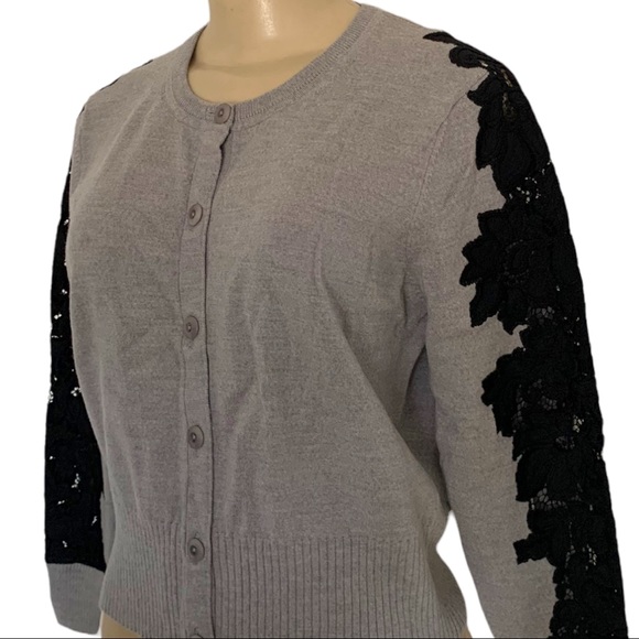 Diane Von Furstenberg Wool Grey Sweater Black Lace Blouse Top Designer - Picture 2 of 8